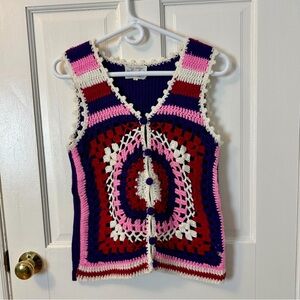 VTG 1970s 100% Virgin Acrylic Women’s Colorful Crochet Granny Square Vest Size L